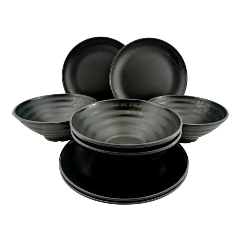 Anforama Vajilla Redonda Negra Tipo Plastico De Melamina 4 Personas