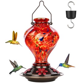Hummingbird Feeder, BOLITE Glass Hummingbird Feeders for Outdoors Hanging, Hand Blown Twisted with Ant Moat and Five Feeding Ports, 24 Ounces, Leak Proof, Red, Gifts for Women Men, Gifts for Mom Dad