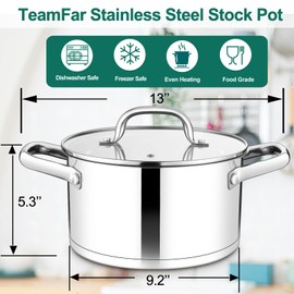 TeamFar 5 QT Stock Pot, Tri-ply Bottom Stainless Steel Stockpot Cooking Soup Pasta Pot with Lid for Gas/Induction/Electric Stoves, Non-toxic & Heavy Duty, Double Handles & Dishwasher Safe