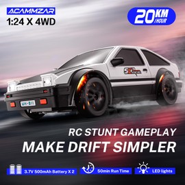 ACAMMZAR RC Drift Car, 1:24 Remote Control Car for Kids, 20KM/H 4WD High Speed RC Cars with LED Lights, Two Batteries, Extra Drifting Tires, Vehicle for Adults Boys Girls