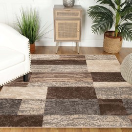SUPERIOR Indoor Area Rug, Jute Backed, Modern Geometric Patchwork Floor Decor for Bedroom, Office, Living Room, Entryway, Hardwood Floors, Rockwood Collection, 5' x 5' Square, Slate