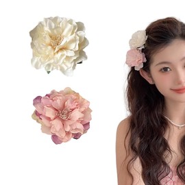 2Pcs Hawaiian Flower Hair Clips Artificial Tropical Flower Hair Pins Rose Boho Hair Barrettes Hair Accessories for Women Weddings Beach Parties(2 Colors)
