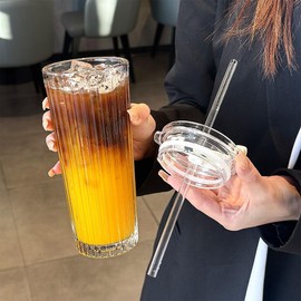 ZCLYHT Glass Cup Juice Drink Straw Cup with Lid, 21oz Vertical Stripe Large Capacity Coffee Cup Transparent Iced Coffee Cup Birthday Gift for Women, Friends, Mom, Bridesmaid, Coffee Love