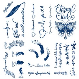 PADOUN Butterfly Feather Semi Permanent Tattoo, 6-Sheet Long Lasting 1-2 Weeks Temporary Tattoos Chinese English Letter Tattoo Stickers, 100% Plant-Based Ink Infinity Realistic Fake Tattoos for Adult Kids Waterproof