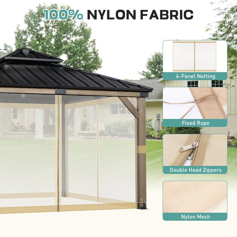 Aoodor Universal 12x12 ft Gazebo Mosquito Netting, Replacement 4-Panel Sidewalls