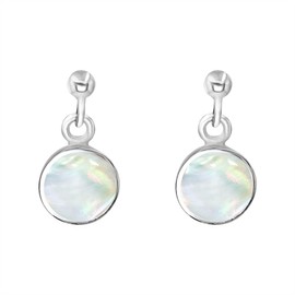Silverly Sterling Silver Round Mother of Pearl Drop Earrings - Fashionable Disc Gemstone Dangle Earrings for Women - Geometric Birthstone Studs - Boho Jewellery - 925 Silver Birthday Gift for Her