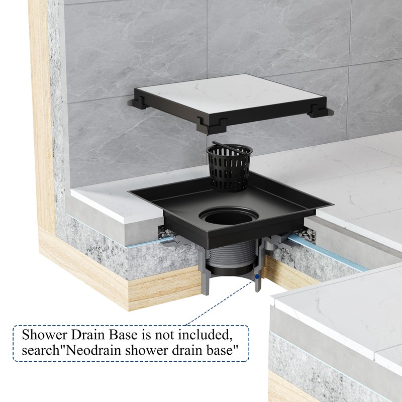 Neodrain 4-Inch Square Shower Drain with Removable Tile Insert Grate,Matte