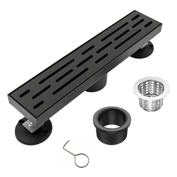Fibetter 12 Inch Black Linear Shower Drain, Rectangular Shower Floor