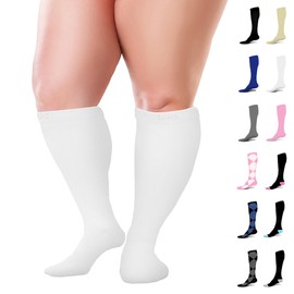 BAMS Calcetines de compresión de talla grande de pantorrilla ancha XXL XXXL – Soporte de bambú graduado hasta la rodilla, Blanco, 3X-Large