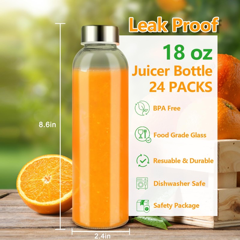 Zukro 24 Pack Glass Water Bottles with Lids 18 oz,