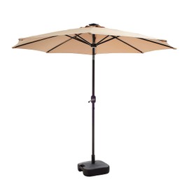 LOKATSE HOME 8.8FT Outdoor Solar Powered Patio Umbrella with 8 LED Lights Bars, 24 L Stand Fillable Water Plastic Square Base, Set, Khaki