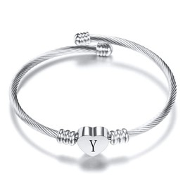 MiiFort Women's Initial Name Silver Cuff Bangle Letter Y Bracelet Love Heart Stainless Steel Family Sister Daughter Granddaughter Birthday