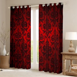Gothic Curtains for Living Room Adults Black Damask Blackout Curtains,Victorian Curtains & Drapes 2 Panels 52"Wx63"L Vintage Baroque Goth Window Curtains Antique Black Floral Bohemian Decor,Red