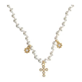 Kette von Agios, Aureum, Kreuz-Anhänger, 925er Silber, vergoldet, weisse Zirkone, Perlen