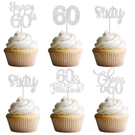 Paquete de 30 adornos para magdalenas de 60 cumpleaños con purpurina, 60 saludos a 60 años de edad, para 60 cumpleaños, aniversario, fiesta, decoración de pasteles, suministros de plata