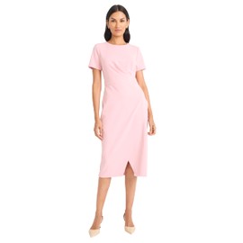 Maggy London Women's Elegant Fitted Midi Front Slit-Scuba Crepe Short Sleeve Professional Wedding Guest Cocktail Dress, Shell Pink