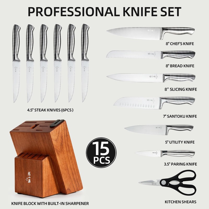ZHANG XIAO QUAN 15-Piece Kitchen Knife Set with Block, High