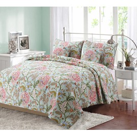 Onitiva [Queen Camellia] 100% Hypoallergenic Cotton 3 Piece Floral Quilt Set Bedroom Quilt Bedding Full/Queen Size Green