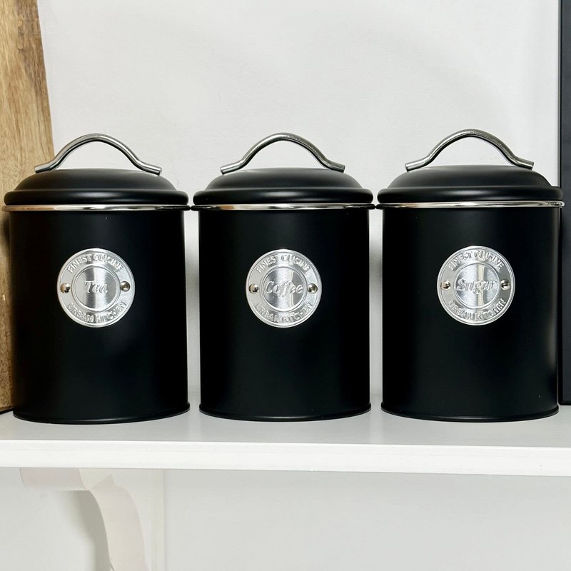 Darthome Black Tea Coffee Sugar Canisters Metal Airtight Lid Kitchen