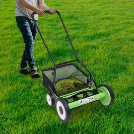 16-Inch 5-Blade Cordless Manual Reel Lawn Mower, Wheeled 5-Blade Lawn Mower,Adjustable Cutting/Handle Height Grass Cutter with Grass Catcher, Green(Four Wheeled)