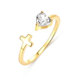 BriLove 925 Sterling Silver Cross Ring for Women, Cubic Zirconia Dainty Heart Birthstone Open Cuff Adjustable Statement Jewelry Gifts for Valentines Day/Birthday/Anniversary Clear