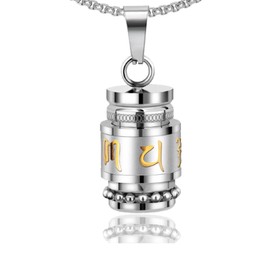 Mgutillart Fashion Titanium Steel Buddhist Prayer Wheel Pendant Prayer Locket Necklace(White Gold)