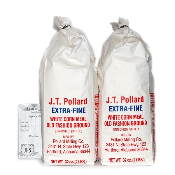 JT Pollard Extra-Fine White Cornmeal Bundle - 2 x 32 Oz Cornmeal Bags Bundled with a JFS Recipe Card
