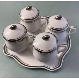 Andrea by Sadek Set of 4 Pot De Crème NEW Chocolate Dessert Cups, Lids, Tray White Platinum Trim