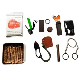 eGreen Fire Starter Weather Proof Matches Emergency Blanket Saw Wire Multiple Purpose Tool Wax Ropes Waist Bag for Hiking Camping Bushcraft (Matches + Ferro Rod + 30 Ropes + Saw + Tin Box)