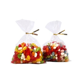 Wowfit 100 CT 5x7 Inch Clear Flat Cellophane Treat Bags with 4” Gold Twist Ties, Cello Packaging for Donuts, Cookies, Candies and Gift Wrapping