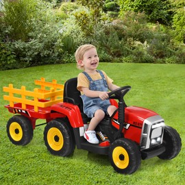 HONEY JOY Ride On Tractor with Trailer, Toddler 3-Gear-Shift Ground Loader, LED Lights, Horn, Music, 12V Battery Powered Electric Toy Tractor with Remote Control (Red)