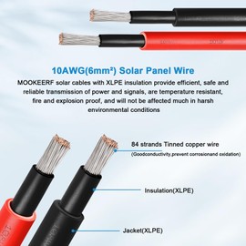 MOOKEERF Solar Panel Extension Cable - 10AWG 20FT Solar Wire with Female & Male Waterproof Connector PV Wire for RV, Photovoltaic Systems, Home, Boat, Solar Panels, Car(20FT Red + 20FT Black)