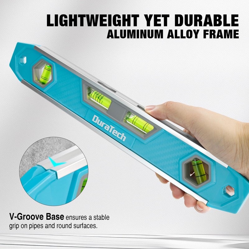 DURATECH 12-Inch Magnetic Torpedo Level with 0°/45°/90° Bubbles & V-Groove