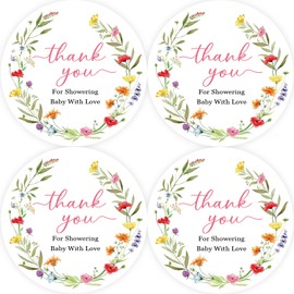 40pcs Little Wildflower Thank You Stickers, Wildfloral Thank You Round Stickers, Watercolor Wildflower Round Labels for Baby Shower/Gender Reveal Party Favors
