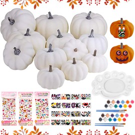 Shinybox 12 Pieces DIY Pumpkin Craft Set, DIY Pumpkin Decoration, White Artificial Pumpkin with 16 Stickers and Colours, Autumn Crafts for Children, Autumn Gifts Party Favours Decoration Set