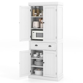 Nightcore, 1 Kitchen, 6ft Cupboard w/ 4 Adjustable Shelves, 2 Wood Pantries, Drawer, Utility Storage Cabinet for Hallway, Living Room, Bathroom, White