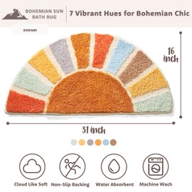 DyeFury Sunrise Boho Bathroom Rugs,Half Circle Bath Mat Cute,Sun Bath Mats,Retro Bohemian Home Bathroom Decor,Small Colorful Fun Semi Round Shower Rug Non-Slip,Funny Washable Rug Bedroom 31"x16"