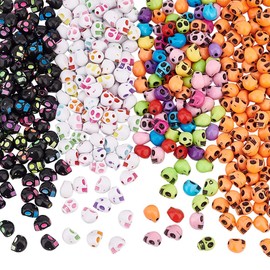 Arricraft 400pcs Halloween Acrylic Skull Beads, 4 Styles Mixed Color, 7.5mm x 9.5mm Triangular Skull Head Beads for DIY Craft Bracelets, Necklaces, Earrings