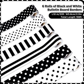 198Ft Polka Dot Bulletin Board Borders 6 Rolls Black and White Bulletin Board Borders Stripes Straight Rolled Bulletin Border Paper Back to School Decor for Classroom Walls Doors Desks and Windows
