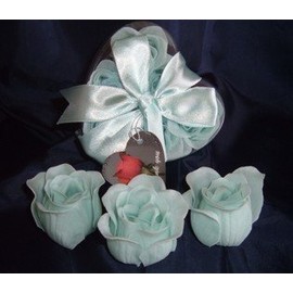 IGC Scented Rose Shaped Soaps in Heart Box - Light Blue (Set of 12) with Satin Ribbon & Thank You Card - Wedding Favors