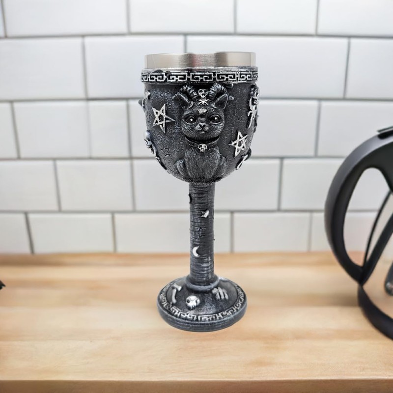 Black Cat Drinking Goblet - Gothic Chalice with Stainless Steel