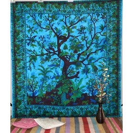 Large Tapestry Blue Tree Of life Wall Hanging Hippie Tapestries Cotton Bedspread Beach Picnic Sheet Decor Blanket Art Hippie Bedroom Decor (Size 90x84 inches) (Queen- Tree of life/Blue)