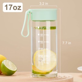 Doseno Glass Bottles with Lids, Glass Water Bottle with Time Marker, 17oz Glass Bottles with Carrying Strap, Glass bottle for Juicing for Office, Gym (green)