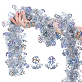 Blosssound 26 Feet Silver Disco Ball Tinsel Garland Glitter Metallic Tinsel Twist Garland for Indoor Outdoor Ceiling Wall Christmas Tree Disco Birthday Party Decorations Supplies