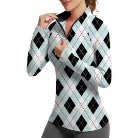 GGOV Golf Shirts for Woman UPF 50+ Sun Protection Quick Dry Lightweight Long Sleeve Polo Shirts for Woman Rash Guard Black Argyle
