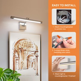 Joosenhouse Modern LED Picture Light Fixtures Dimmable 24.4" Inch Brushed Nickel Artwork Accent Hallway Lighting with Single Swing Arm Full Metal for Paintings,Warm White 3000K, Hardwired Connection