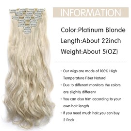 Clip In Hair Extensions Long Wavy 7 PCS Invisible Clip Thick Hairpieces Soft Full Head Synthetic Fiber for Women, 22 Inches (20Inch, 7pcs, Platinum Blonde)