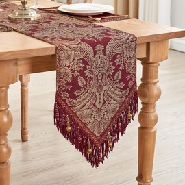 TOPLUXE Table Runner with Tassels, Damask Table Runner for Dining Room/Restaurant/Banquet/Festival/Christmas Decoration (33x228cm, Red)