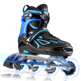 2PM SPORTS Vinal Inline Skates for Men with Light up Wheels Beginner Skates Fun Illuminating Outdoor Roller Skates for Kids and Adults - Azure X-Large