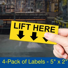 ComplianceSigns.com Lift Here (With Down Arrows) Label Decal, 5x2 in. 4-Pack Vinyl for Industrial Notices